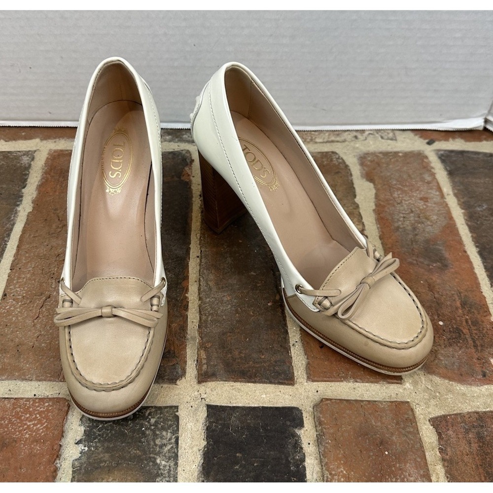 Tod's Two-Tone Leather Loafer Pumps High Stacked Heel Beige & White Women's 6